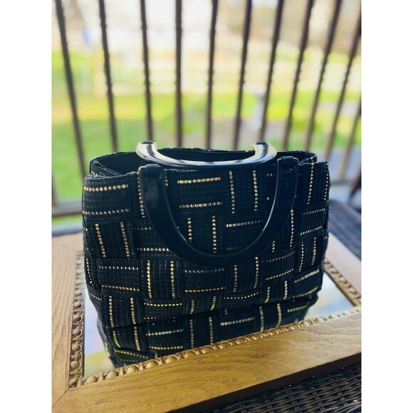 Vintage M&G Bertini Black and Gold Tote Bag Double Lucite Handles Made In Italy - Picture 3 of 12